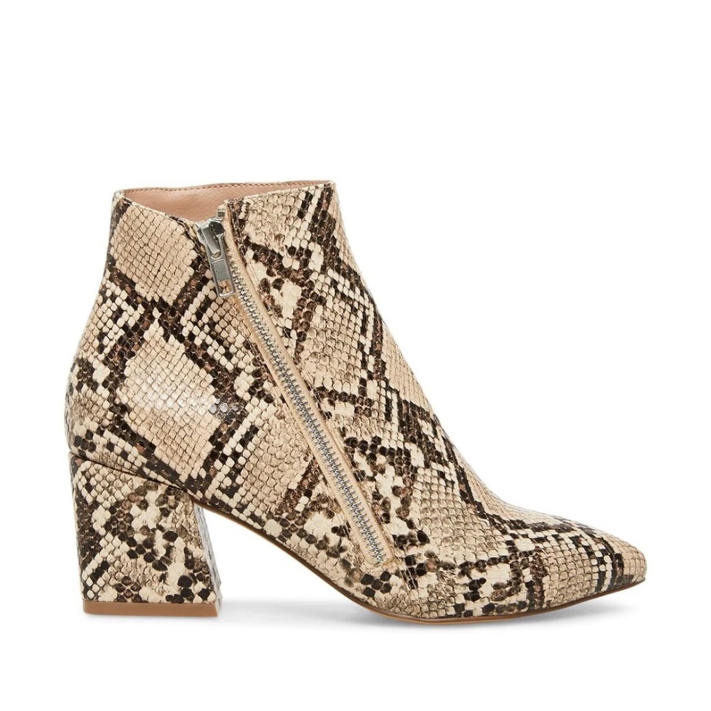 STEVE MADDEN CHECKMATE TAN SNAKE BOOTIES